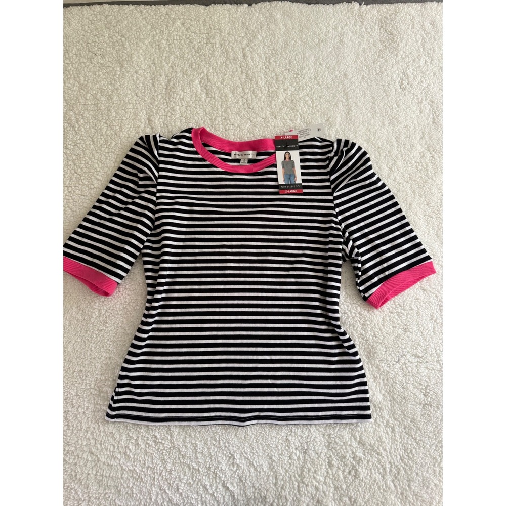 Rebecca Minkoff Puff Sleeve Top Womens XL Black Stripe NWT